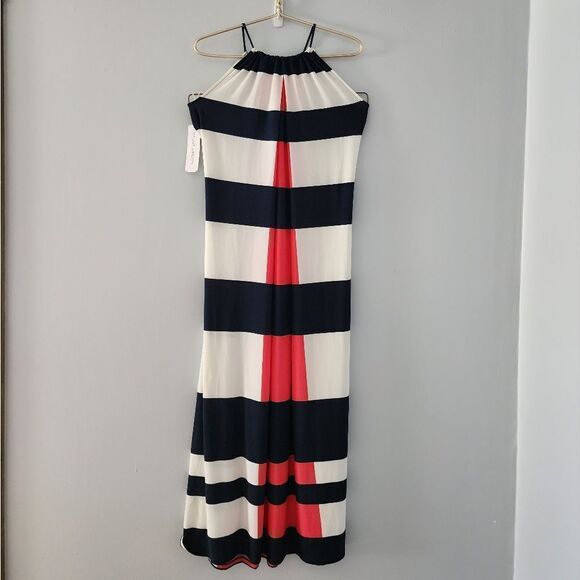 Blue and White Striped Long Maxi Dress Beachy Nautical Tie Coral Accent Color - Picture 1 of 7